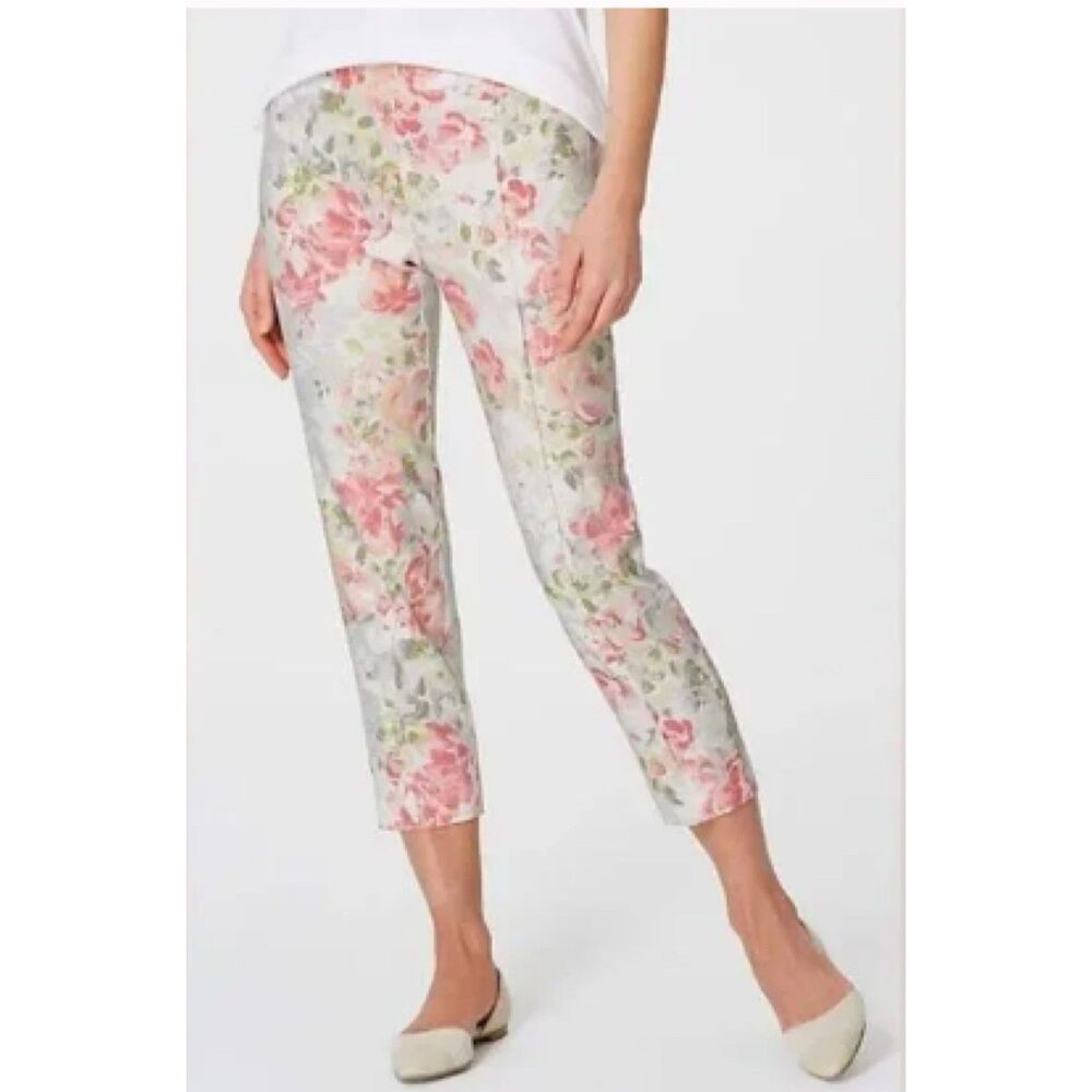 J Jill Linen Stretch Pants Size‎ Large Crop Floral Cottagecore Pull On Pockets